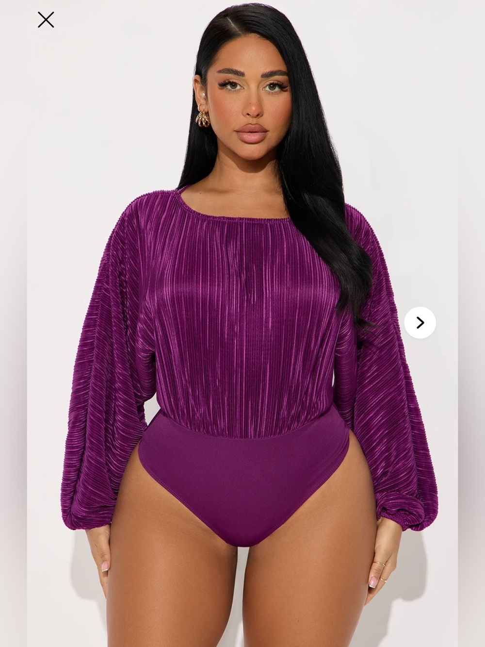 NWT Fashion Nova Plum Plissé Balloon Sleeve Bodysuit Quiet Luxury Chic S